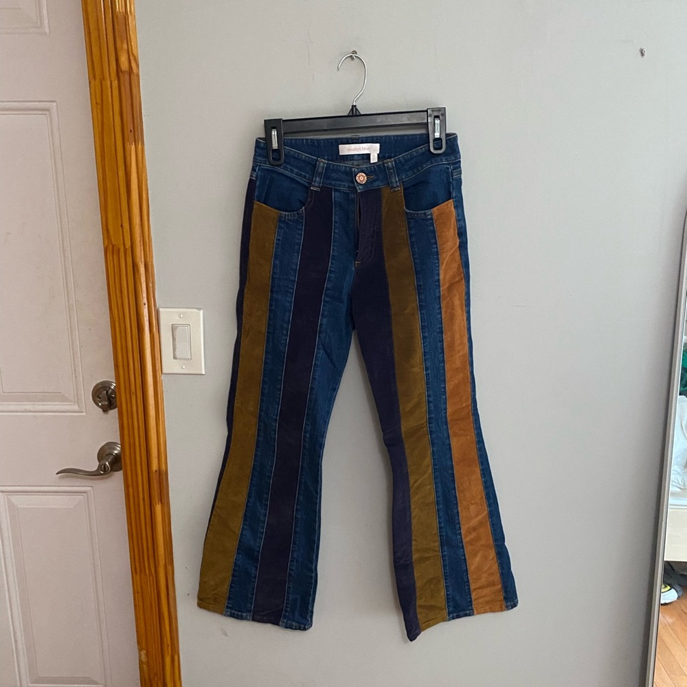 See by Chloe Striped Suede Patchwork Flare Jeans